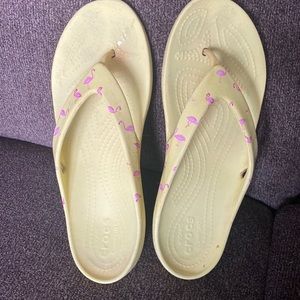 Crocs Yellow with Pink Flamingos Flip Flops